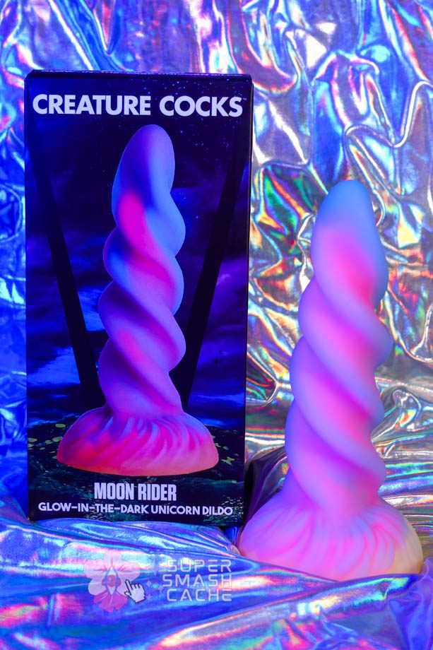 Creature Cocks Moon Rider spiral unicorn horn dildo and packaging