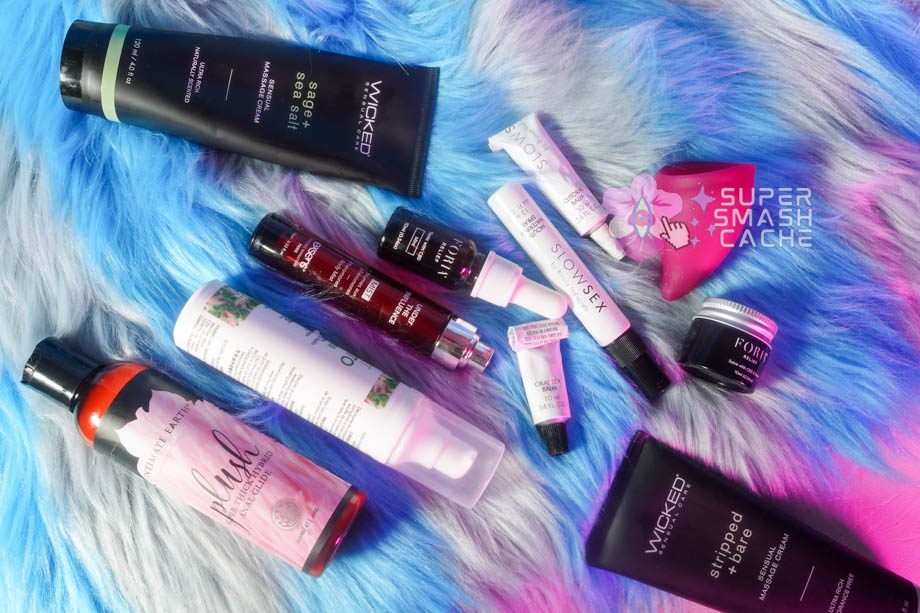 Massage cream, cum lube, flavored massage oil, warming arousal gel, pheromone perfume, CBD tincture, oral sex balm, mouthwatering spray, menstrual cup, CBD pain relief, and more!