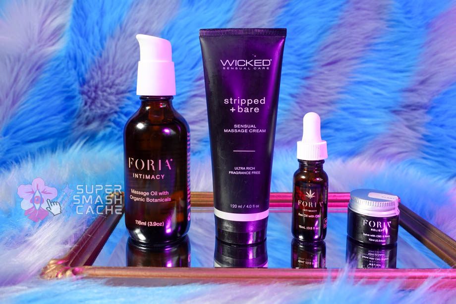 Foria massage oil, Wicked massage cream, Foria CBD sex oil, and relief salve