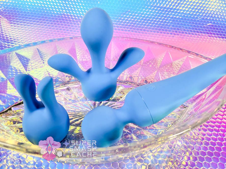 Two California Exotics Couture Collection wand massager attachments and the compact silicone wand in a glass bowl
