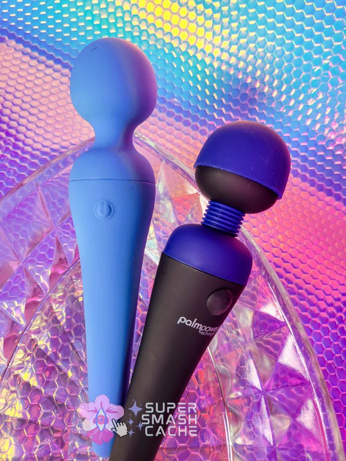 BMS PalmPower Recharge and Cal Exotics Couture Collection body wand silicone massagers on a glass plate
