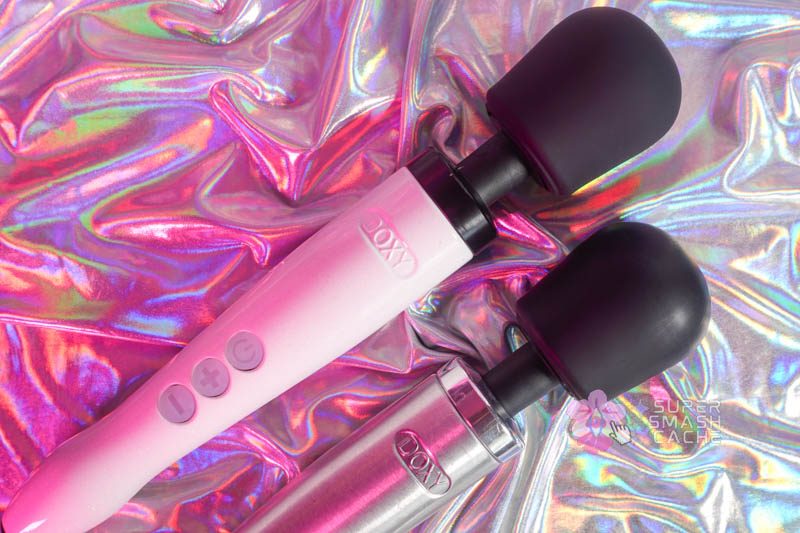 Doxy Die Cast R in white next to Doxy Die Cast corded massager in brushed aluminum alloy