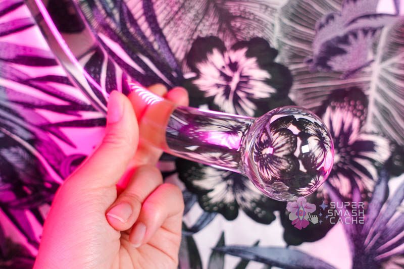 Ball end handle of the Luscious Playthings curved glass massager probe