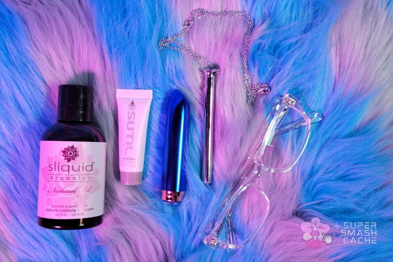 Sliquid Organics Natural Gel, Sutil lube sample, BMS Swan Maximum Bullet, Crave Vesper, crystal clear frame glasses