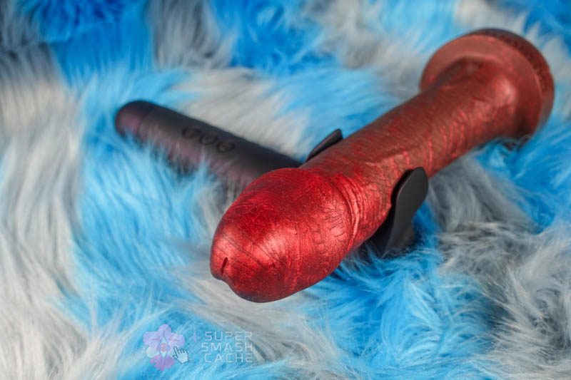 Man.wand Evo vibrator wrapped around silicone dildo demonstrating fit 2