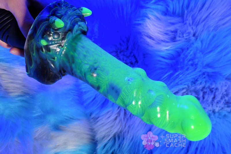 Uberrime BIG Damn Alien: Tiered G-Spot & Depth Dildo 7 Uberrrime Big Damn Alien textured fantasy dildo connected to Velvet Thruster Mini Universal handheld fucking machine
