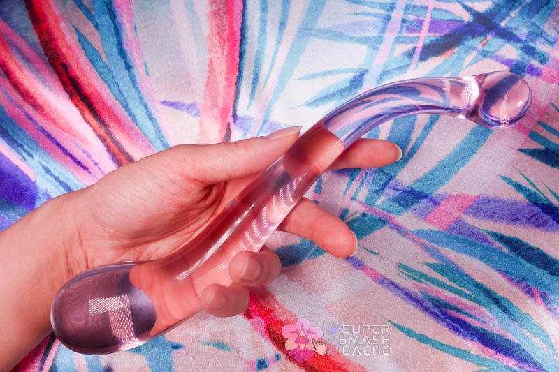 Dillenia Gama Review: 9.7" Glass Glizzy for Dreamy Deep Dicking 2 JimmyJane Dillenia Gama pink glass dildo with gentle S-curve for cervix massage