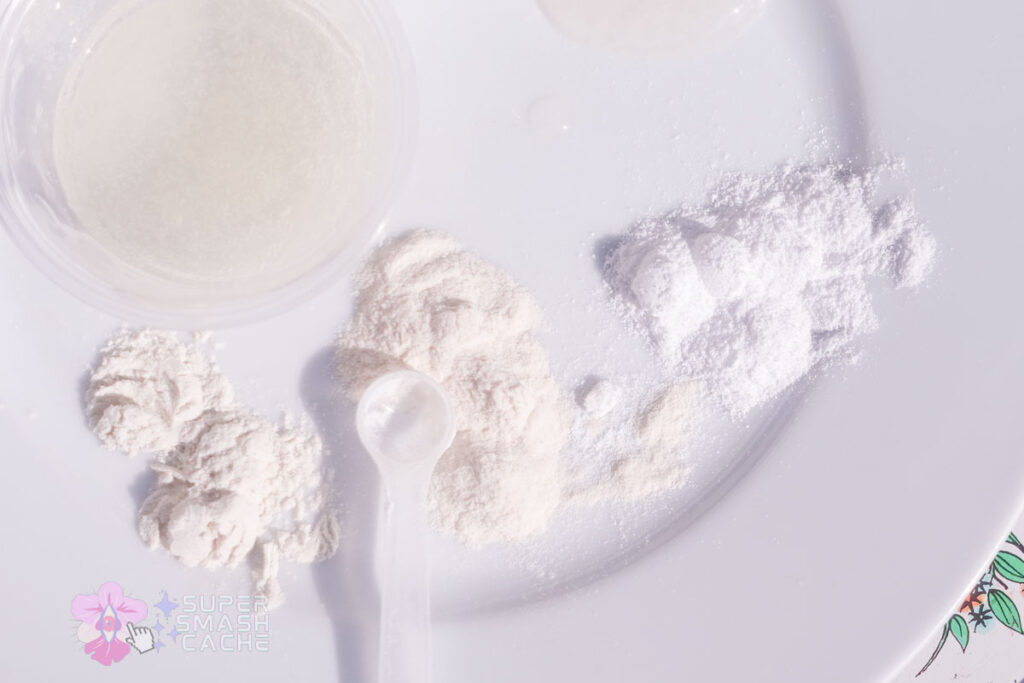 Top view of realistic semen recipe ingredients before mixing, DIY fake cum shot preparation
