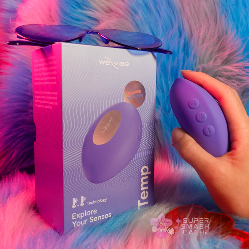 We-Vibe Temp rechargeable temperature play massager next to retail packaging