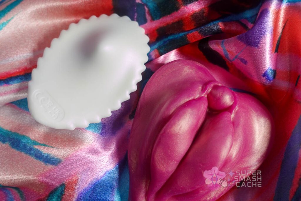 Top-down angle of Honey Play Box Pearl 2 white panty vibrator showing seashell shape next to vulva-shaped clitoral grinder