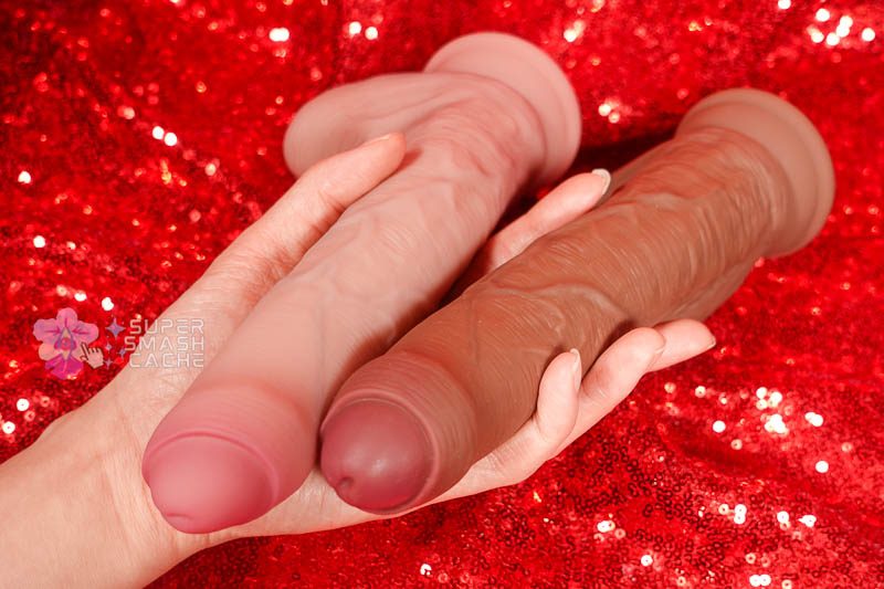 Solina Maxima XXL & Aura Uncut (Dickmatizing Dual-Density Dildo Reviews, Part 2) 14 Solina Aura Uncut dildo with glossy glans and wrapped foreskin in two skin tones