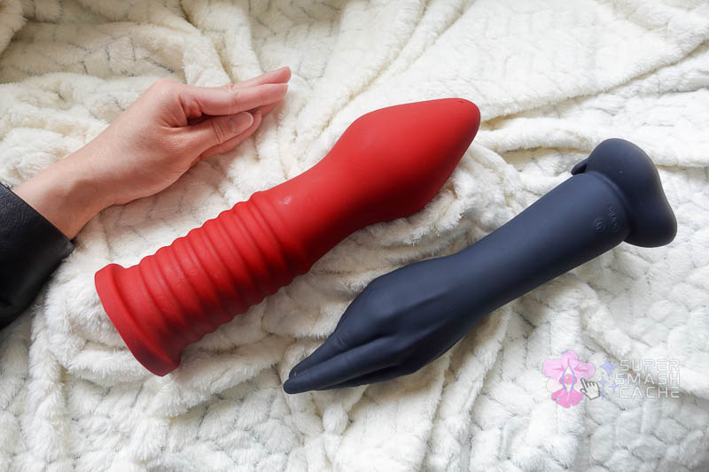 size comparison: my hand vs. tantus fist trainer vs. b-vibe silicone fisting vibrating hand dildo with suction cup base