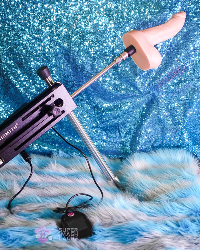 Hismith Premium 4.0 sex machine angled upwards with a realistic Vac-U-Lock dildo