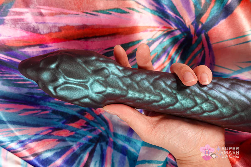 6 Silicone Double Dildos for Body-Safe DP (2026 Edition) 25 Temptasia Twin Python Silicone Double Dildo snake head close-up with shaft straightened out